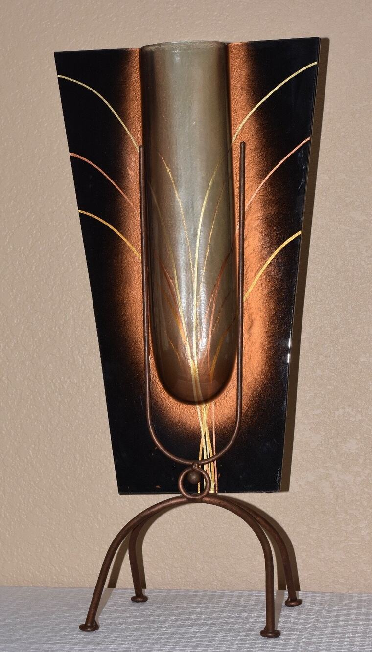 1980s Mark Hines Glass Art Abstract Slumped Glass Black Marble & Copper Vase